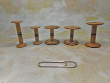 Load image into Gallery viewer, Five mini Painted Tunbridge Ware wooden reels for thread. c 1800