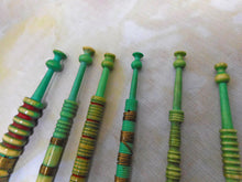 Load image into Gallery viewer, A group of 6 dyed and decorated mutton bone lace bobbins. 19thc