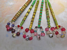 Load image into Gallery viewer, A group of 6 dyed and decorated mutton bone lace bobbins. 19thc