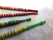 Load image into Gallery viewer, SOLD……..7 dyed bone lace bobbins with decorative turning. 19th century.