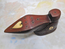 Load image into Gallery viewer, A mahogany shoe shaped snuff box with mutton bone heart inlay. c1870
