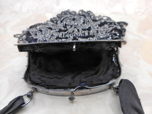 Load image into Gallery viewer, A black velvet bag with steel beading. c1850