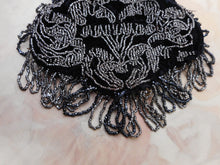 Load image into Gallery viewer, A black velvet bag with steel beading. c1850