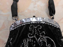Load image into Gallery viewer, A black velvet bag with steel beading. c1850