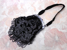 Load image into Gallery viewer, A black velvet bag with steel beading. c1850