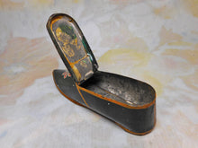 Load image into Gallery viewer, A painted toleware shoe snuff box. Mid Victorian.