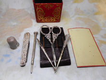Load image into Gallery viewer, SOLD……..A fitted, gold tooled, red leather sewing set / etui. c1840.