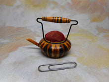 Load image into Gallery viewer, SOLD……A small Tunbridge Ware 'kettle' form pin cushion holder. c 1840