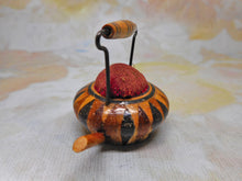 Load image into Gallery viewer, SOLD……A small Tunbridge Ware 'kettle' form pin cushion holder. c 1840