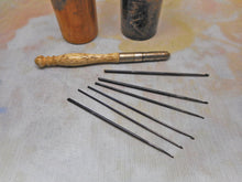 Load image into Gallery viewer, A Mauchline Ware crochet hook set. c1890. Lover's Seat. Fairlight. Hastings.