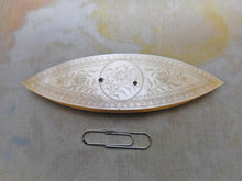 Load image into Gallery viewer, SOLD........An engraved mother of mother of pearl knotting shuttle. c1820
