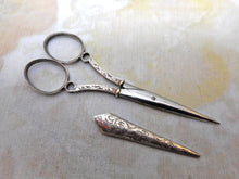 Load image into Gallery viewer, A pair of bright cut, engraved silver scissors with sheath. c1820.