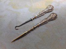 Load image into Gallery viewer, A small silver handled button hook and matching stiletto / awl. c1870