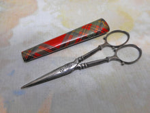 Load image into Gallery viewer, A Tartan ware scissor sheath with steel scissors. c 1870
