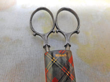 Load image into Gallery viewer, A Tartan ware scissor sheath with steel scissors. c 1870