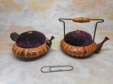Charger l'image dans la galerie, A Tunbridge Ware kettle pin cushion and its pair-a teapot. c1900-1920