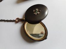 Load image into Gallery viewer, Antique ‘dance chatelaine'- oxidized steel with lucky 4 leaf clovers. c1870
