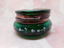 Load image into Gallery viewer, SOLD…….A green glass trinket box with 'Mary Gregory' decoration. c1900