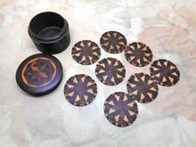 Load image into Gallery viewer, Eight Tunbridge Ware gaming counters in their box.