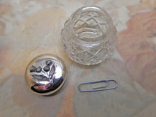 Load image into Gallery viewer, A small glass pot the silver lid with a Scottish design of stone set thistles. HM. 1904