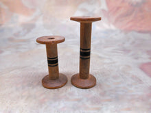 Load image into Gallery viewer, Two small, line painted Tunbridge Ware spools / cotton reels. c 1800