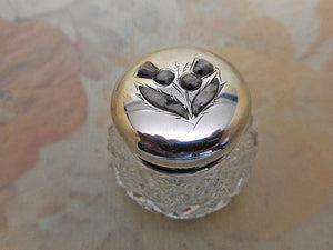 A small glass pot the silver lid set with stone thistles. HM. 1904