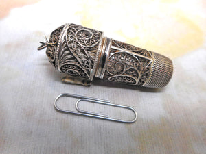 A silver filigree tape / thimble/ scent combination piece. c1815