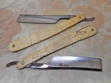 Charger l&#39;image dans la galerie, SOLD..........A cased pair of bone razors with silver pique decoration. c1880
