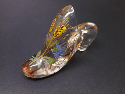An enameled glass shoe shaped holder for a thimble. c 1890.