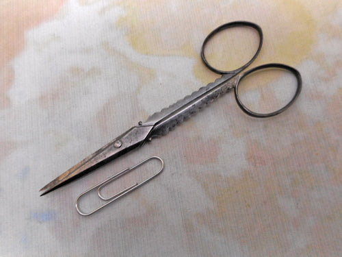 A pair of decorative steel sewing scissors. 19thc.