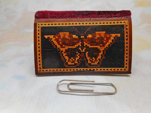 A Tunbridge Ware needle case inlaid with a butterfly. c 1850