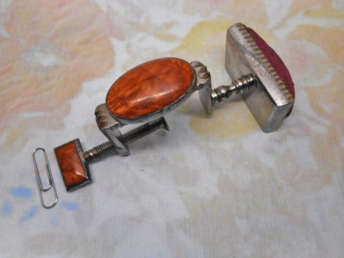 A stone set, steel pin cushion clamp. German. c1880