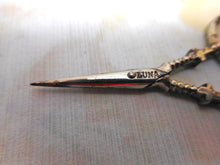 Load image into Gallery viewer, A small pair of steel scissors from a Palais Royal piano sewing box. c 1800
