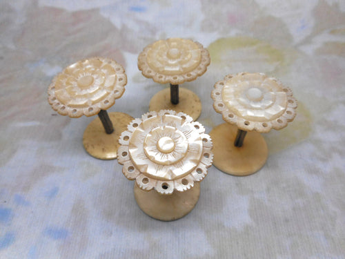 Four small pearl topped cotton reel holders / spools. c1850
