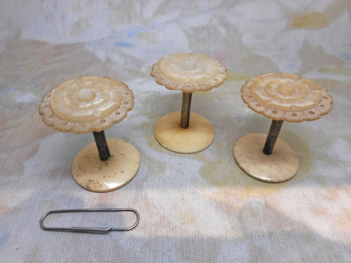 Three small pearl topped cotton reel holders / spools. c1850