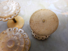 Load image into Gallery viewer, Three small pearl topped cotton reel holders / spools. c1850
