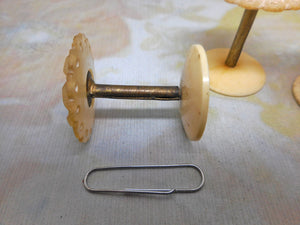 Three small pearl topped cotton reel holders / spools. c1850