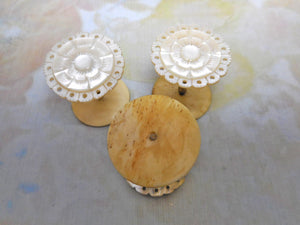 Three matching pearl topped cotton reels / spools. c1850