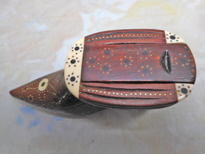 A mahogany shoe shaped snuff box with mutton bone inlay. c1870