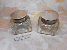 Load image into Gallery viewer, A pair of small ink wells with plated lids. c1880
