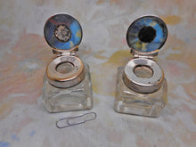 Load image into Gallery viewer, A pair of small ink wells with plated lids. c1880
