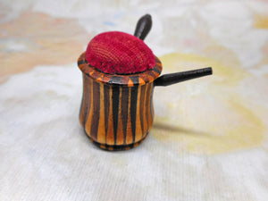 A Tunbridge Ware 'coffee pot' novelty pin cushion. c 1870