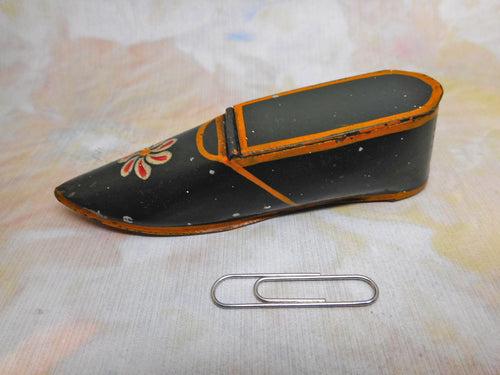 A painted toleware shoe snuff box. Mid Victorian.