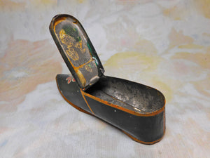 A painted toleware shoe snuff box. Mid Victorian.