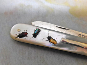 A rare mother of pearl fruit knife with shibayama decoration. HM. 1906