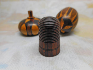 SOLD…..A Tunbridge Ware acorn shaped thimble case and thimble. c 1870