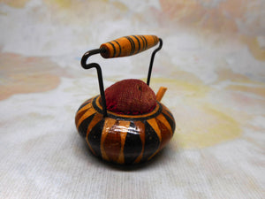 A small Tunbridge Ware 'kettle' form pin cushion holder. c 1840