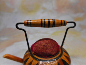 A small Tunbridge Ware 'kettle' form pin cushion holder. c 1840