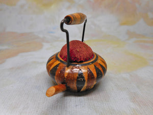 A small Tunbridge Ware 'kettle' form pin cushion holder. c 1840