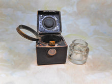 Load image into Gallery viewer, A silver mounted leather ink well from a dressing box. London 1864 JV James Vickery
